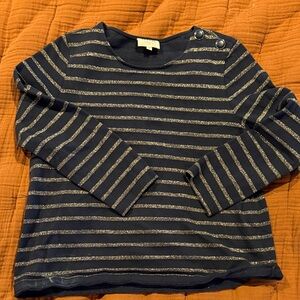 Sezane Navy Top with Metallic Gold Stripes